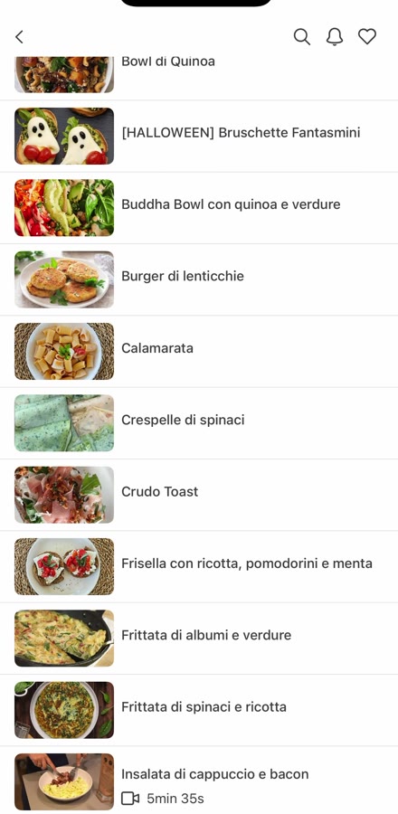 Elenco ricette per pranzo e cena